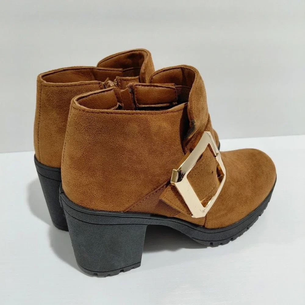 Forever Women's Brown Suede Ankle Boots Chunky Heel Gold Buckle Side Zip Size 10